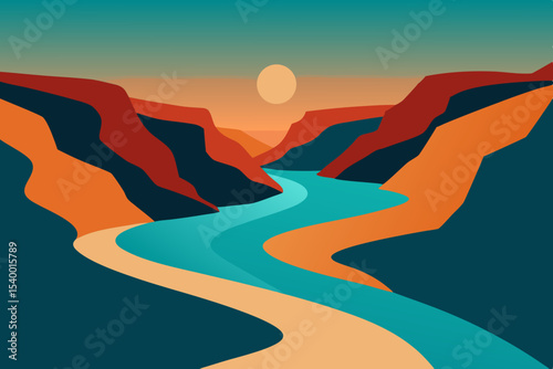winding river through canyon with vintage sky main vector illustration