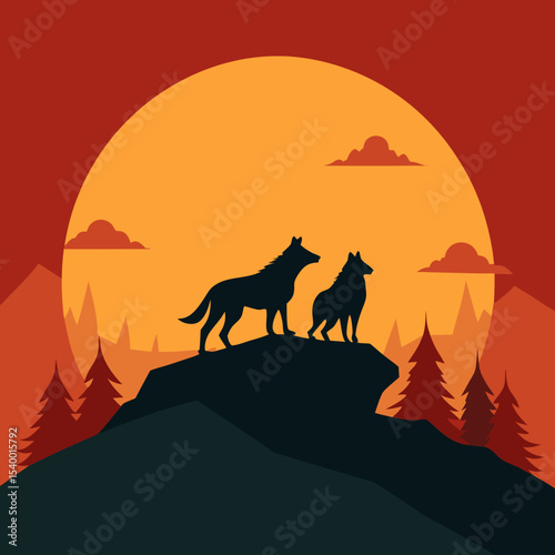 wolves pack standing at sunset ridge version one vector illustration