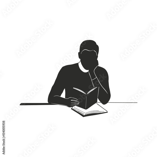 Silhouette of a man sitting at a table reading a book thoughtful expression