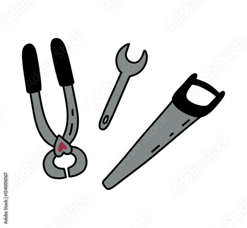 Set of tools. Saw, pliers, wrench.