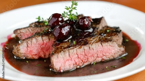 Sliced grilled steak with cherry sauce and thyme