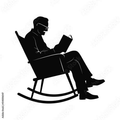 Silhouette of elderly man reading a book in a rocking chair relaxing leisure retirement old age