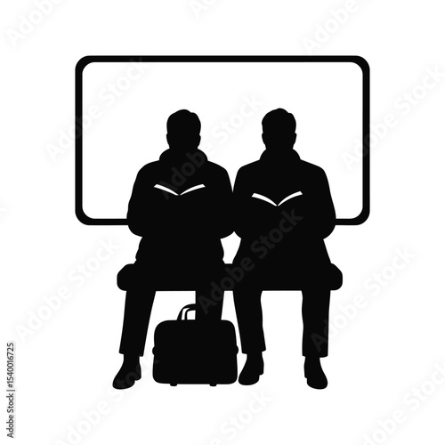 Silhouette of two men reading books on a train commuting briefcase