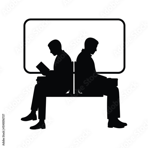 Silhouette of Two Men Sitting BacktoBack on a Bench Reading Vector Illustration