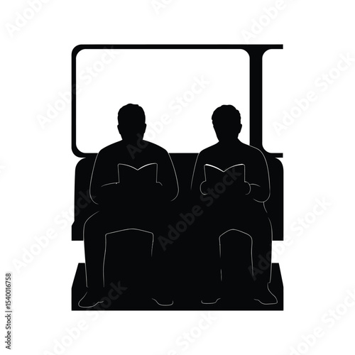 Silhouette of two people reading books on public transport commuting travel urban lifestyle
