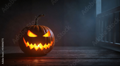 Jack-o'-lantern with menacing grin glowing in darkened room  