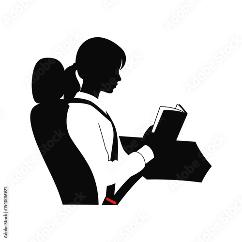 Woman reading book in car seat belt safety illustration black and white silhouette vector graphic