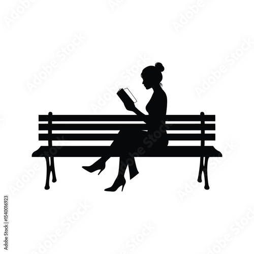Woman reading book on park bench silhouette vector illustration
