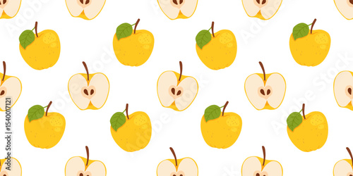 Seamless pattern with yellow apples. Apple set of whole yellow apple, half an apple and a slice of apple. Hand drawn flat vector illustration on white background.