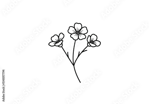 Mini flower drawing. It is a black and white outline image of a small branch with three tiny, simple flowers, each with four petals, on slender stems. Vector sketch line art draw.
