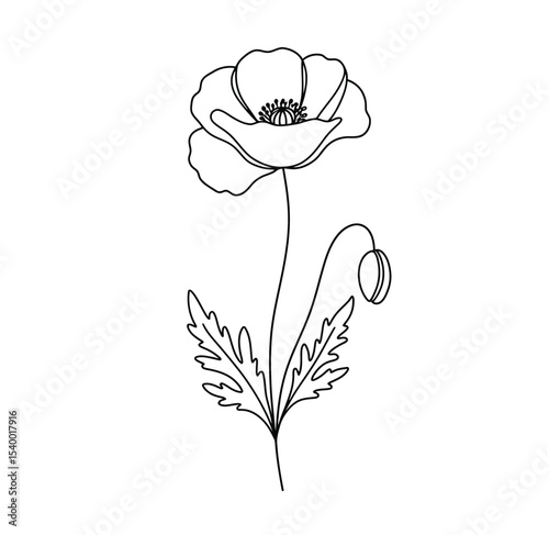 Poppy drawing. It is a black and white outline image of a single poppy flower with ruffled petals and a central stamen, accompanied by a stem. Vector sketch line art draw.