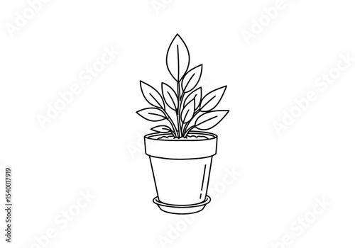 Plant pot drawing. A black and white outline image of a potted plant, featuring a small leafy plant with multiple leaves emerging from soil within a terracotta-style pot. Vector sketch line art draw.