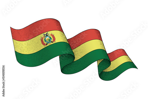 Bolivia flag with wavy ribbon shape and engraved texture