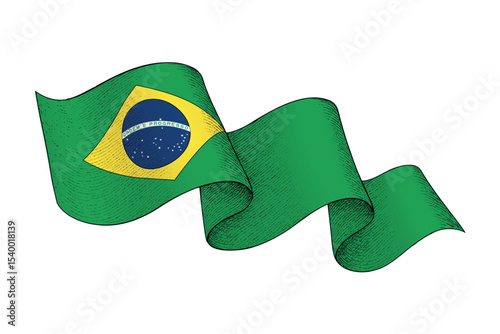 Brazil flag with wavy ribbon shape and engraved texture