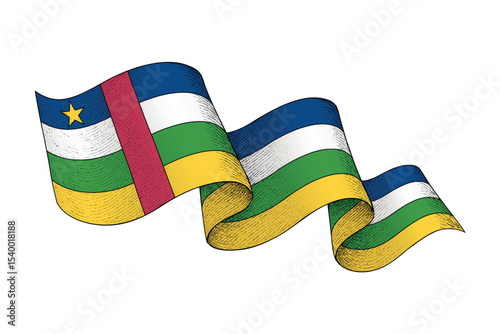 Central African Republic flag with wavy ribbon shape and engraved texture