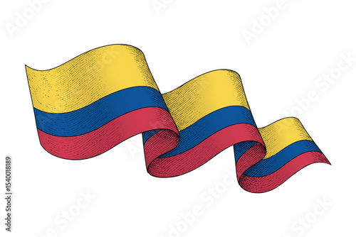 Colombia flag with wavy ribbon shape and engraved texture
