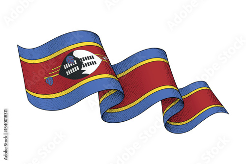 Eswatini flag with wavy ribbon shape and engraved texture photo