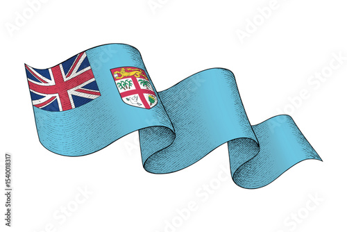 Fiji flag with wavy ribbon shape and engraved texture