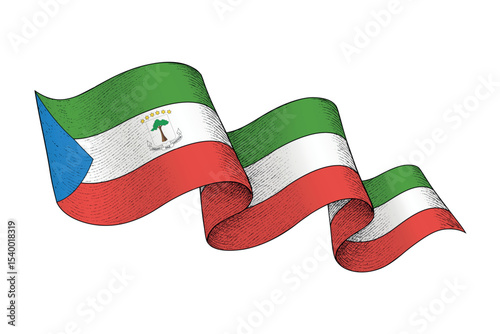 Equatorial Guinea flag with wavy ribbon shape and engraved texture