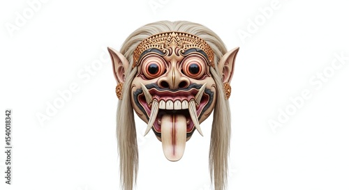 Rangda Witch Mask with Long Fangs and Flowing Hair, Isolated on White Background. Generative AI
