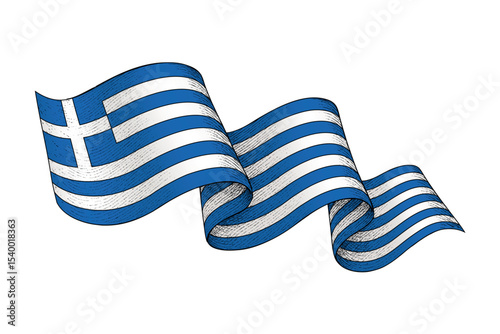 Greece flag with wavy ribbon shape and engraved texture