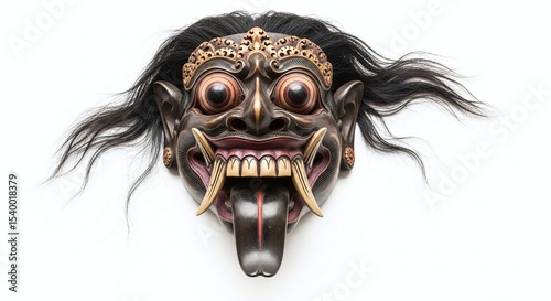 Rangda Witch Mask with Long Fangs and Flowing Hair, Isolated on White Background. Generative AI