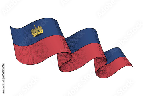 Liechtenstein flag with wavy ribbon shape and engraved texture