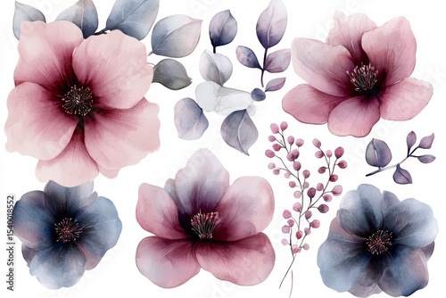 Watercolor flowers and leaves on a white background. Generative AI