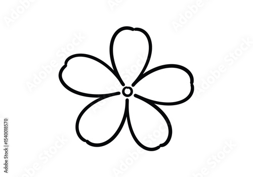Five petal flower drawing. A black and white outline image of a simple five-petal flower, resembling a basic floral symbol or blossom, with a central circular detail. Vector sketch line art draw.