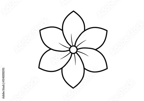 Six petal flower drawing. A black and white outline image of a simple six-petal flower, its symmetrical shape with a central circular detail and internal petal lines. Vector sketch line art draw.