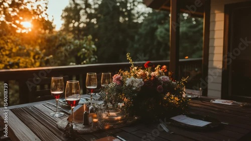 Sunset dining on a wooden deck.  A rustic outdoor setting with a table laden with wine glasses, flowers, and candles.  Warm sunlight bathes the scene