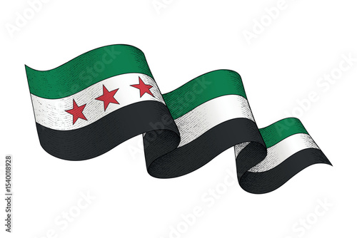 Syria flag with wavy ribbon shape and engraved texture