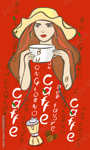 Girl in red dress holding cappuccino. Coffee machine, grinder, Turkish coffee, milk frother, filter coffee, French press.Hand drawn vector clip art, cards.