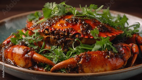 Crab covered with dark sauce and green garnish