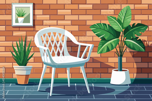 vector of A white sofa sits in front of a brick wall. A potted plant is next to the corner.