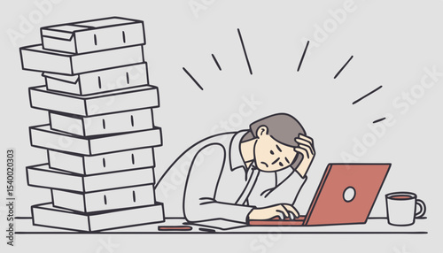Manager appears exhausted, head resting on his desk amid towering piles of paperwork, Laptop aglow, a coffee cup sits nearby, highlighting their busy yet chaotic work environment           