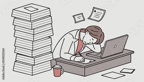 Manager appears exhausted, head resting on his desk amid towering piles of paperwork, Laptop aglow, a coffee cup sits nearby, highlighting their busy yet chaotic work environment           