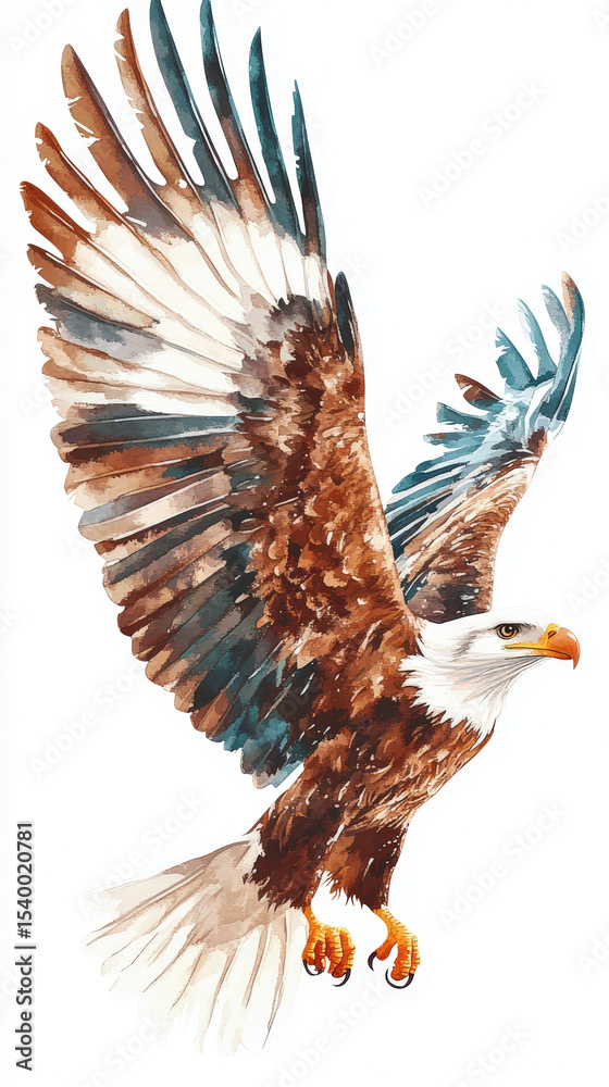 Obraz premium Soaring Eagle Watercolor. Watercolor illustration of an American bald eagle in flight, perfect for freedom-themed designs.