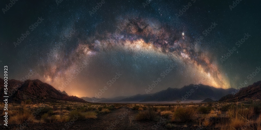 Fototapeta premium Majestic Milky Way arching over a desert landscape at night, mountains silhouetted against the vibrant star-filled sky