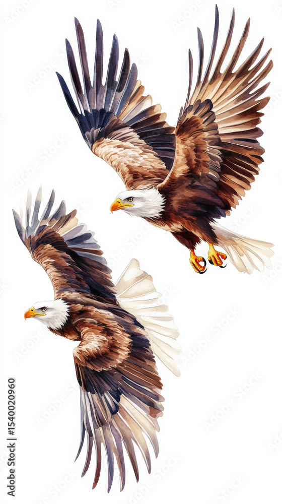 Fototapeta premium Soaring Eagles: A Symbol of Freedom. Watercolor illustration of two majestic eagles soaring against a bright white background, symbolizing freedom and power.