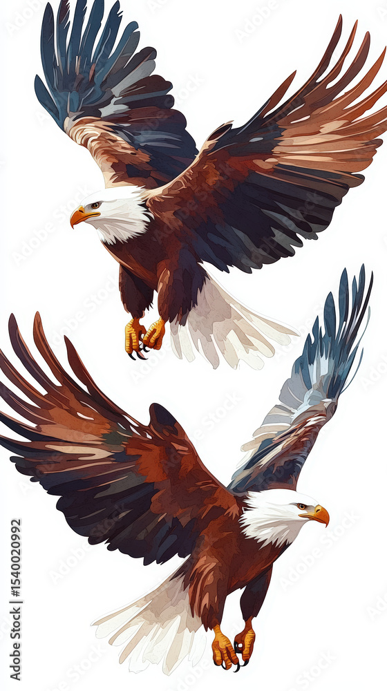 Fototapeta premium Soaring Eagles: Freedom's Embrace. Two majestic bald eagles soaring with outstretched wings, embodying the spirit of freedom in a t-shirt print.