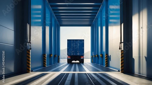 Blue Truck Entering Warehouse with Open Doors and Blue Interior Structure