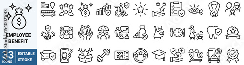 Employee benefit web line icons. Included icons as teamwork, insurance, paid Vacation, pension, social Security. Vector illustration. editable stroke