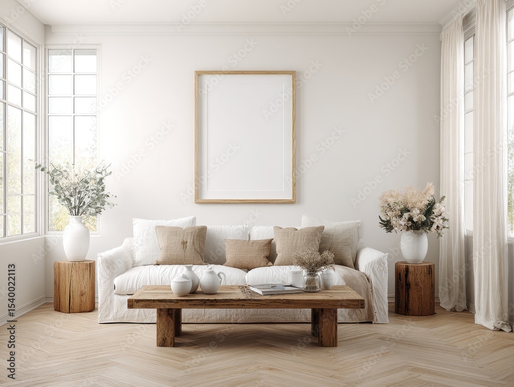 Fototapeta premium Minimalist living room with white couch, wooden coffee table, and large frame, accented by vases and plants on wooden stumps, set against a white wall and herringbone wood floor