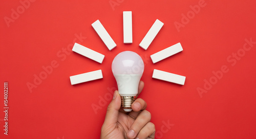 Hans holding a bright LED light bulb on a red background with white radiating lines, symbolizing a new idea, innovation, creative thinking, and problem-solving