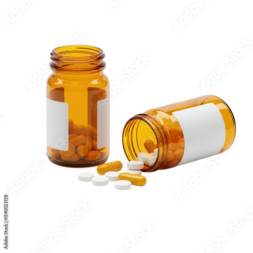 Amber pill bottles with pills spilled isolated on transparent background