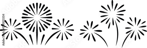 Three stylized black fireworks on a white background in a simple graphic design illustration style