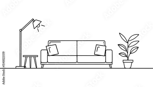 Line drawing of a living room with couch and floor lamp on transparent background , no background 