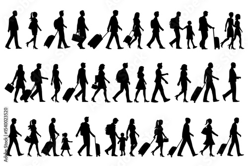 silhouettes of people  walking , Silhouettes of people walking with luggage and bags travel on transparent background , no background 