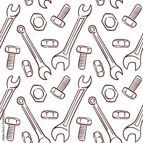 Seamless pattern with line art repair tools including wrench, bolt, nut and screw on white background. Perfect for construction mechanical store and engineering design.